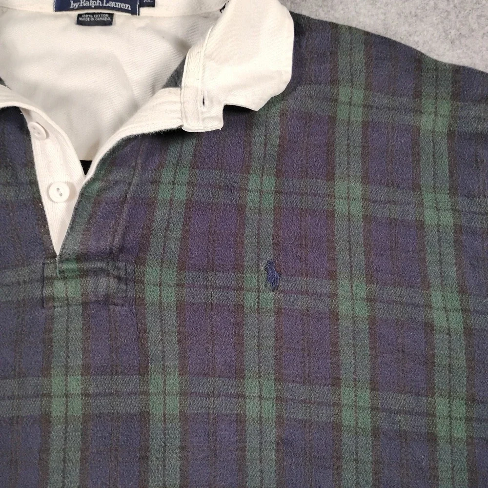 Vintage Polo Ralph Lauren Mens XL Black Watch Plaid Rugby Shirt Long Sleeve